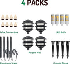 Lumina Lighting® Low Voltage Landscape Lighting Cast-Aluminum Pagoda Path and Area Light Warm White 4W G4 LED Bulb and ABS Ground Stake Included for Yard Walkway Lawn PAL0103-BKLED4 (Black,4-Pack)