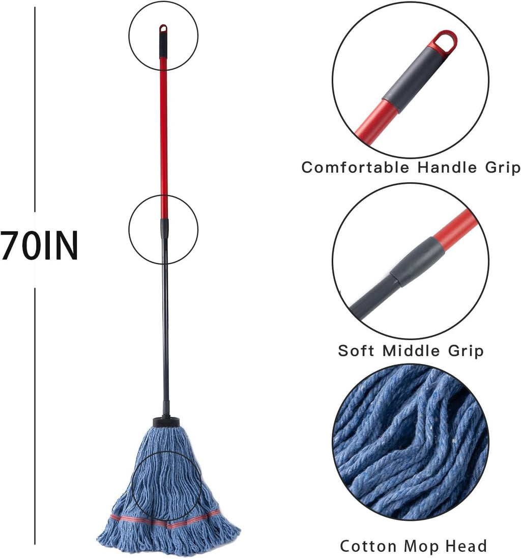 Matthew Large Commercial&Residential Mop Heavy Duty Industrial Mops w/Screw-on handle(Fit Standard American Screw)Looped-End String Wet Cotton Mops for Home,Office,Warehouse - 2 Set&2 Mop Replacements