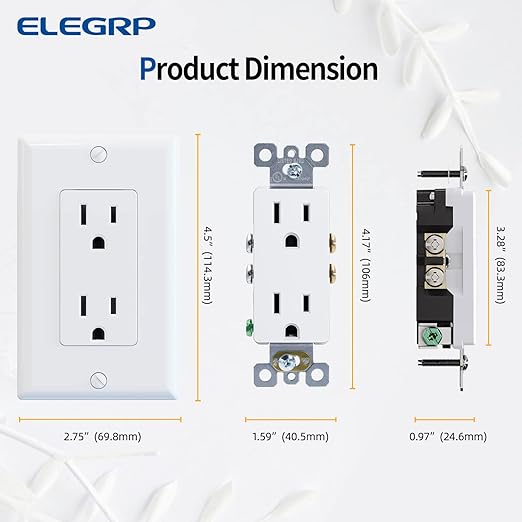 ELEGRP Glossy White Decorator Receptacle, 15A 125V Standard Electrical Wall Outlet, 2 Pole 3 Wire, Non-Tamper Resistant, NEMA 5-15R, Self-Grounding Residential Grade, w/Wall Plate, UL, 50 Pack