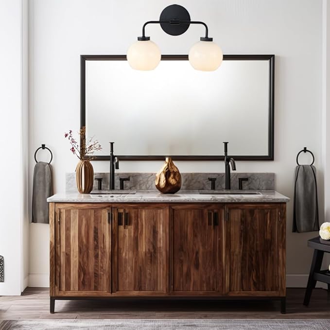 Minimalist Matte Black Metal Finish Glass Globe Double Wall Sconce, 17 Inch Hand-Polished Vanity Light with Milky Glass Shade Over Mirror, Wall Light for Hallway, Bathroom (Milk Glass-Matte Black)