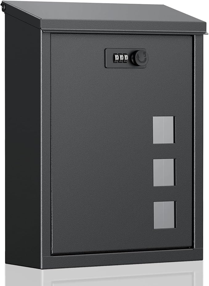 Uniclife Large Mailbox, Wall Mount Mailboxes for Outside, Mail Boxes with Combination Lock, Security Locking Key Drop Box for House School Office and Outdoor, Black