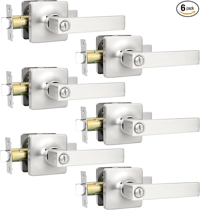 GOBEKOR 6 Pack Privacy Door Levers Square Interior Door Handles Brushed Nickel Lever Handles Keyless Straight Levers for Bedroom and Bedroom