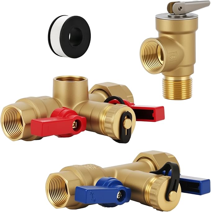 Solimeta 3/4 Inch IPS Isolator Tankless Water Heater Service Valve Kit with Pressure Relief Valve, Lead-Free Brass