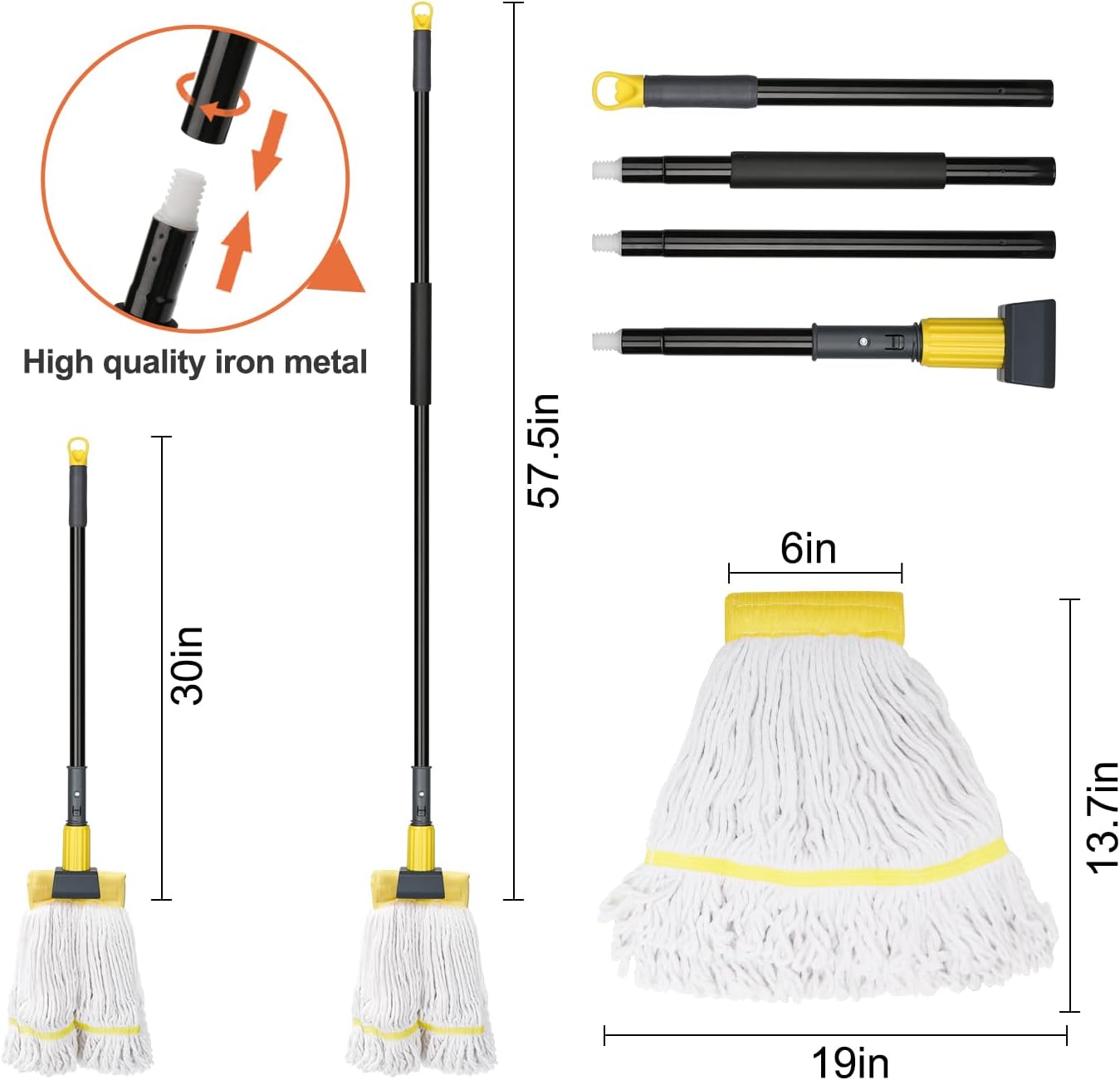 KeFanta Commercial Mop Heavy Duty Industrial Mop with Long Handle,60" Looped-End String Wet Cotton Mops for Floor Cleaning,Home,Kitchen,Office,Garage and Concrete/Tile Floor