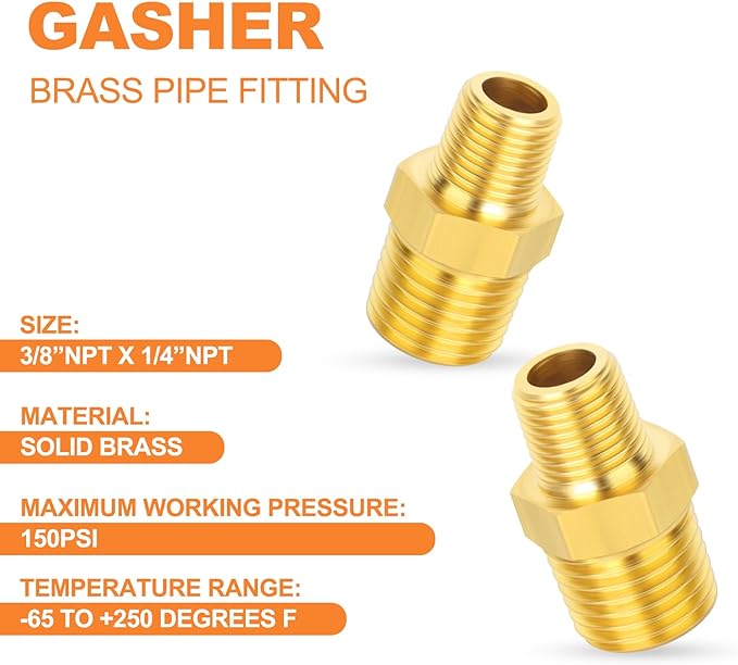 GASHER Brass Reducing Hex Nipples,3/8 Inch NPT Male x 1/4 Inch NPT Male Brass Pipe Adapter Fittings Reducing Nipples Connector（15Pcs）