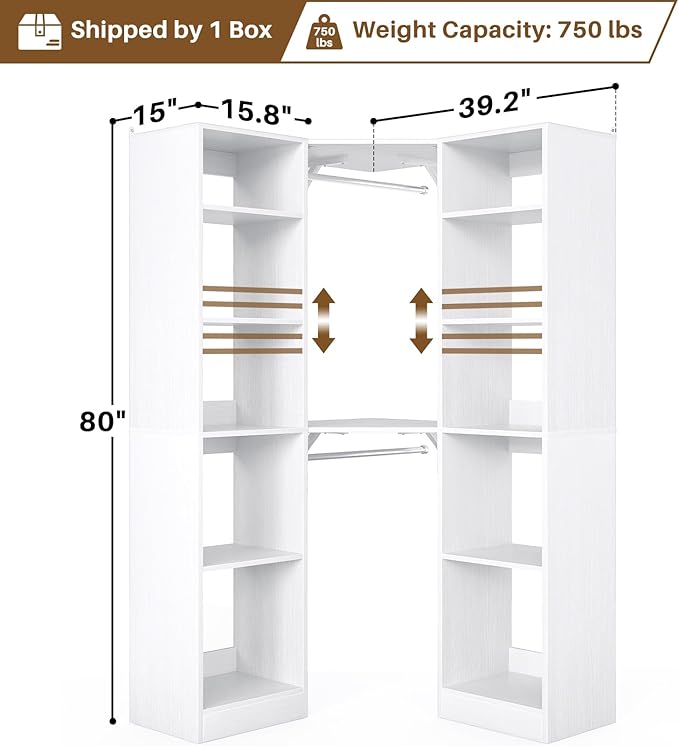 Corner Closet System with 12 Shelves, 39.2" Corner Closet Organizer System with 2 Hanging Rods, Versatile 6-Tier Walk-in Closets for Corner Space, White (39.2" L x 39.2" W x 80" H)