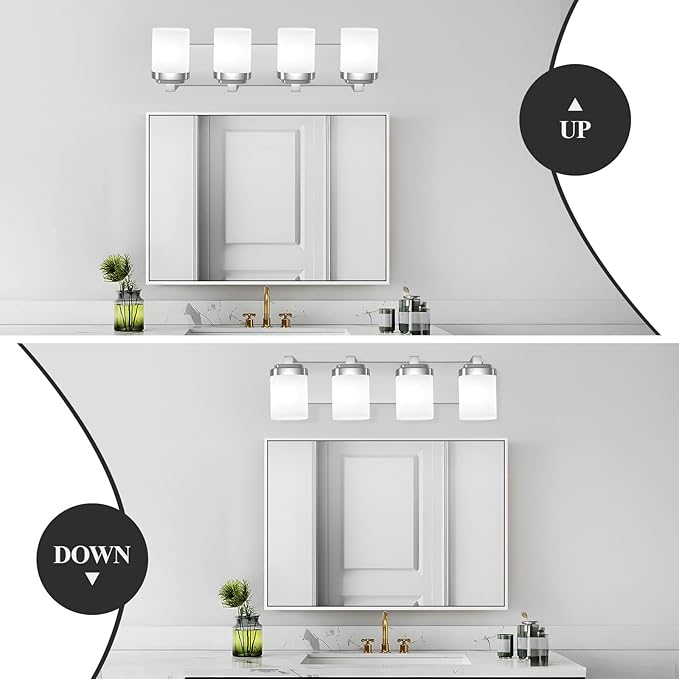 4-Light Chrome Bathroom Light Fixtures, Vanity Lights for Bathroom Mirror Lamp with Milky White Square Glass Shade, E26 Base Modern Wall Sconce Kitchen Light Fixtures Led Vanity