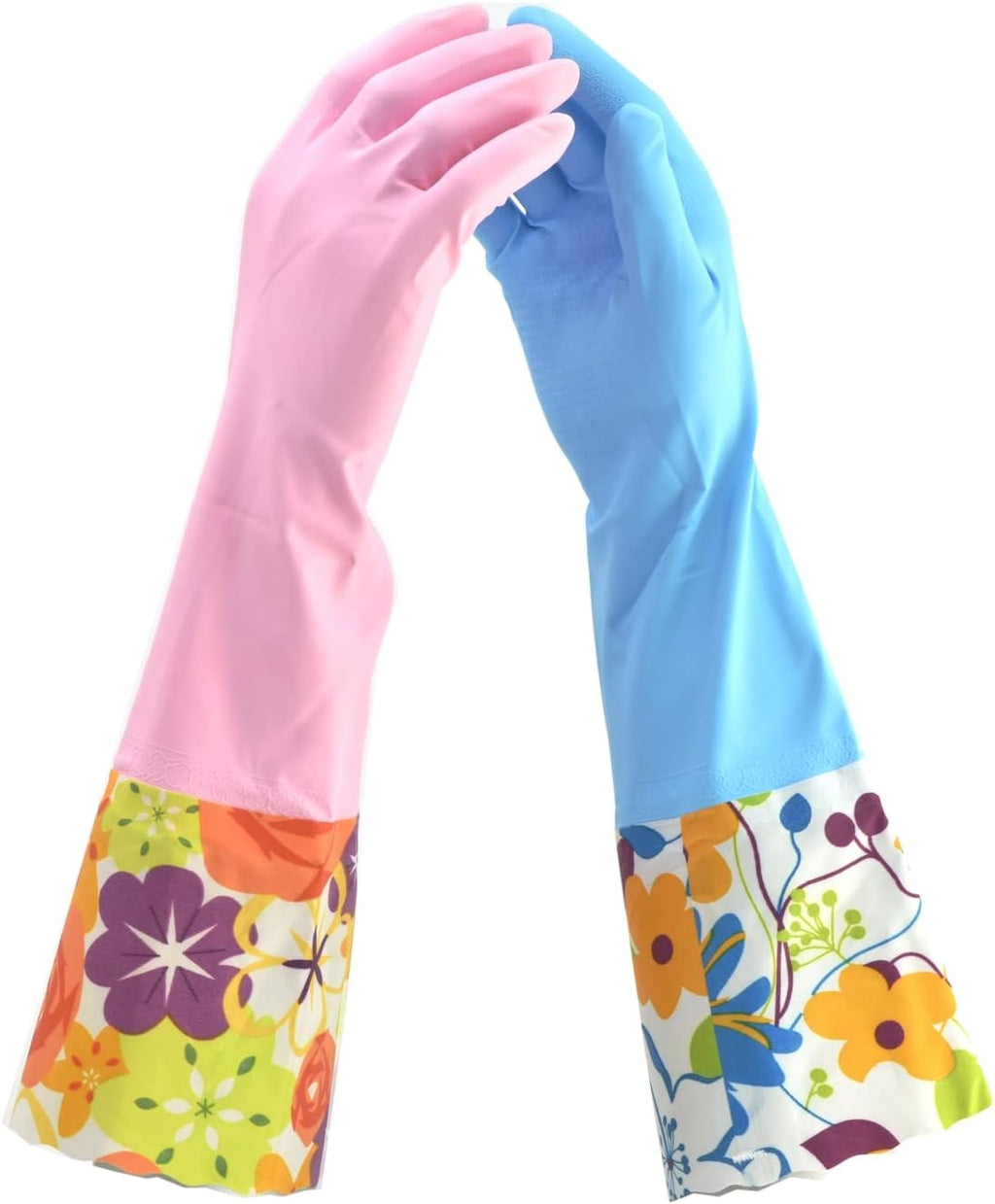 2 PAIRS Household Gloves Latex Free Cleaning Gloves with Soft Lining Long Cuff 15" & Grip, Medum, Pink/Blue