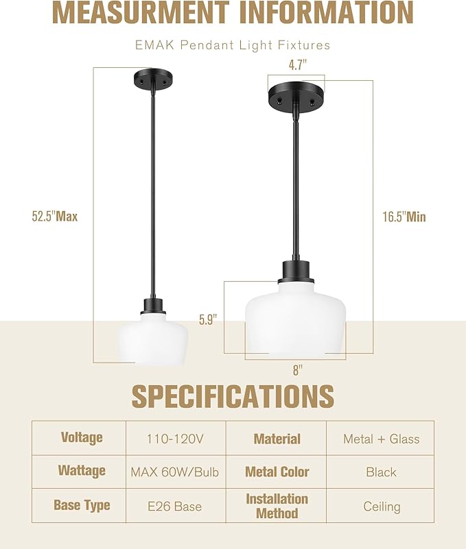 Emak Modern 8 Inch Black Pendant Light, Farmhouse Pendant Lighting with Milk Glass Shade, 1 Light Hanging Light Fixture for Kitchen Island, Dining Room, Bathroom, Bedroom, PL122-BK-ML
