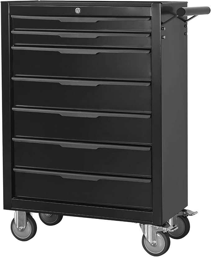 7-Drawer Rolling Tool Chest w/Drawers & Lock, Tool Storage Cabinet with Lockable Wheels, Top Cushion & Drawer Liners, Tool Organizer Box for Garage, Warehouse & Repair Sho