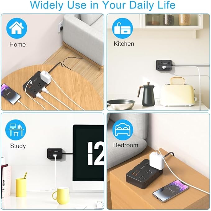 Flat Plug Power Strip Surge Protector, 5ft Ultra Thin Extension Cord with 4 USB Wall Charger(2 USB C Port), 6 Widely-Spaced Outlets Power Strip Compact for Travel, Office, Dorm Room Essentials (Black)