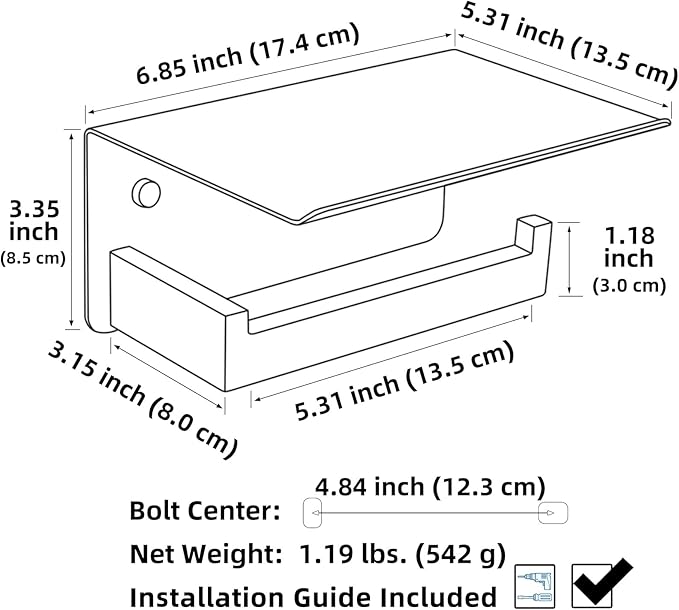 APLusee Toilet Paper Holder with Phone Shelf Gunmetal Gray, 304 Stainless Steel Rustproof Wall Mounted Heavy-Duty, Space-Saving for Modern Bathrooms