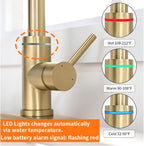 Smart Kitchen Faucet, 3 Modes Pull Down Sprayer, Touch On Sensor Activated, LED Temperature Control, 360-Degree Rotation, 1 or 3 Hole Deck Plate. 10-Year Warranty. (KW-66J, Brushed Gold)