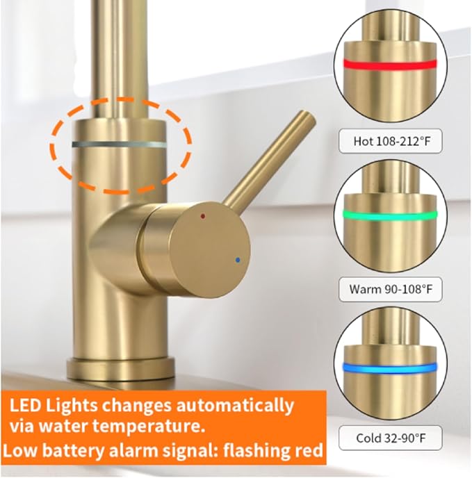 Smart Kitchen Faucet, 3 Modes Pull Down Sprayer, Touch On Sensor Activated, LED Temperature Control, 360-Degree Rotation, 1 or 3 Hole Deck Plate. 10-Year Warranty. (KW-66J, Brushed Gold)