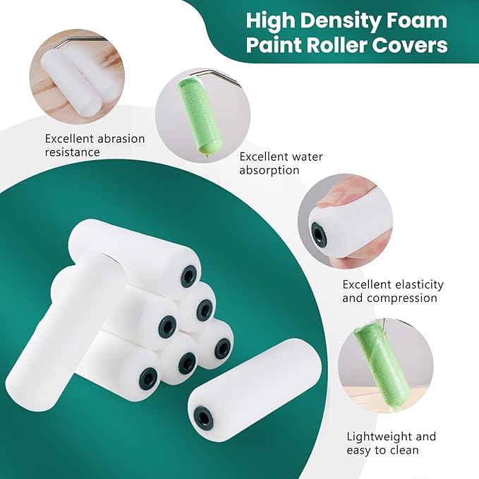 Foam Paint Roller, 8 Pack, 4 Inch Small Paint Roller Kit with High-Density Foam Paint Roller Covers, Mini Paint Rollers for Painting Walls, Suitable for Wall, Cabinets, Ceilings.