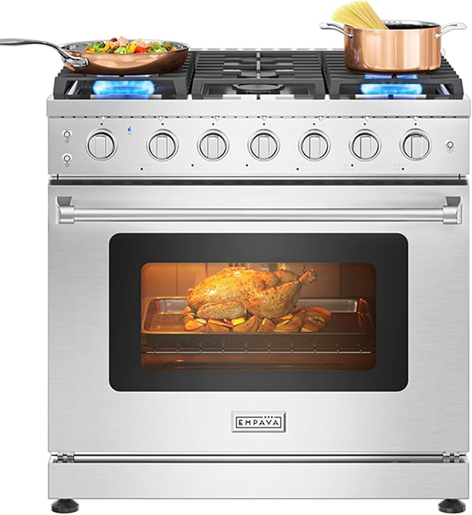 Empava Gas Range,True Convection Oven 6.0 Cu. Ft,6 Deep Recessed Burners Cooktop, Heavy Duty Continuous Grates in Stainless Steel with Storage Drawer, Freestanding & Slide-in,36 Inch