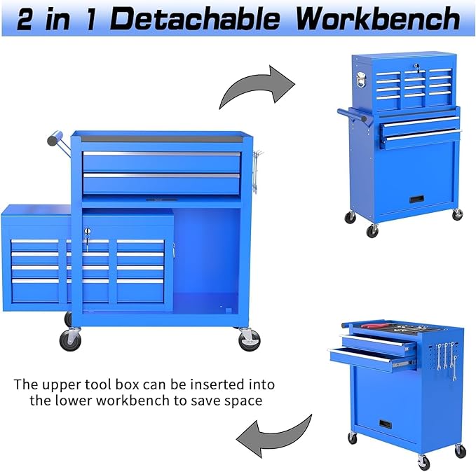 8-Drawer Rolling Tool Chest Tool Box,Removable Tool Storage Cabinet with 4 Wheels and Drawers,2 in 1 Portable Toolbox Organizer, Tool Chest with Lockable Drawer Gifts for Men, Blue
