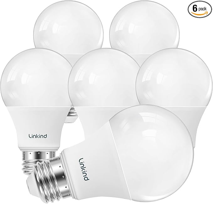 Linkind A19 LED Light Bulbs Dimmable, 60W Equivalent, Energy Efficient 9W, 3000K Warm White, 800 Lumens, E26 Standard Base, 120V, Lighting for Bedroom Living Room Home Office, 6 Packs