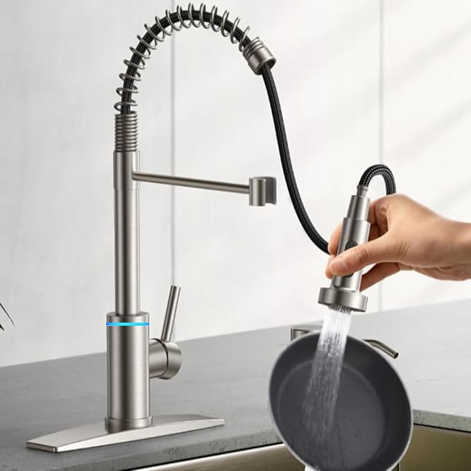 Smart Kitchen Faucet, 3 Modes Pull Down Sprayer, Touch On Sensor Activated, LED Temperature Control, 360-Degree Rotation, 1 or 3 Hole Deck Plate. 10-Year Warranty. (KW-66SN, Brushed Nickel)