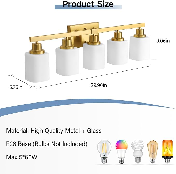 Brushed Gold Bathroom Vanity Light,5-Light Bathroom Light Fixtures with Square Frosted Glass,Gold Bathroom Wall Lamp Sconces for Mirror Bedroom,Living Room Hallway,E26