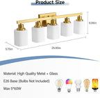 Brushed Gold Bathroom Vanity Light,5-Light Bathroom Light Fixtures with Square Frosted Glass,Gold Bathroom Wall Lamp Sconces for Mirror Bedroom,Living Room Hallway,E26