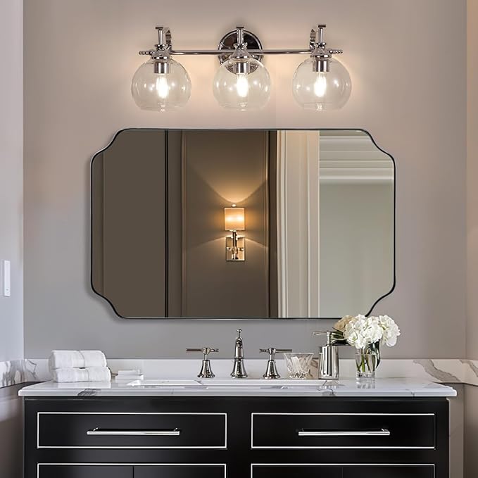 ANDY STAR Chrome Vanity Light, 3-Light Polished Silver Bathroom Light Fixture Over Mirror, Modern Wall Sconce with Clear Glass Shade, Industrial Wall Lighting for Living Room, Bedroom, Hallway, 22.3"