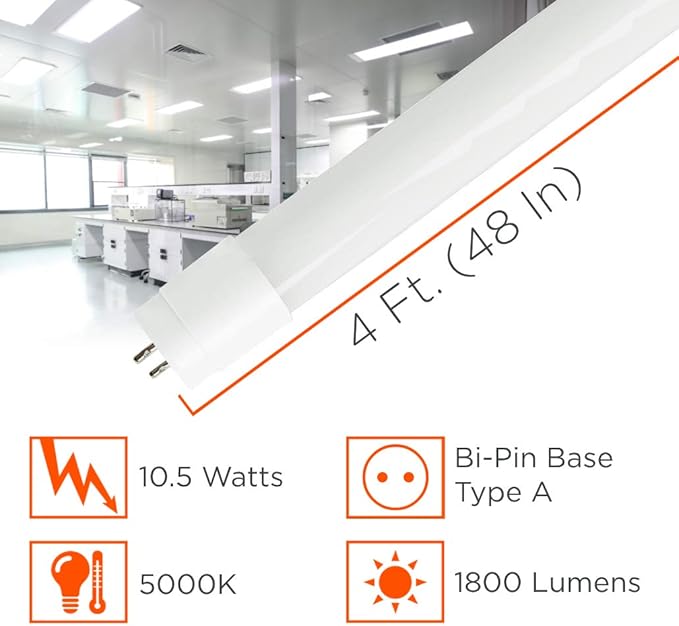 GoodBulb 4-ft T8 LED Tube Lights, 10.5-Watt (32W Equivalent) 5000K Daylight, 1800-Lumens, 83 CRI, Type A Plug & Play (Pack of 25)