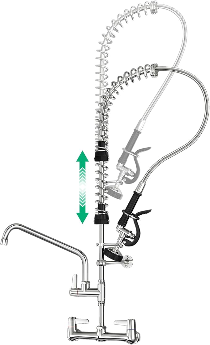 Commercial Sink Faucet with Pre-Rinse Sprayer -Height Adjustable (33-43 inch) Wall Mount Industrial Kitchen Faucet 8 inch Center with Pre-Rinse Sprayer and 12 Inch Swivel Spout