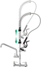 Commercial Sink Faucet with Pre-Rinse Sprayer -Height Adjustable (33-43 inch) Wall Mount Industrial Kitchen Faucet 8 inch Center with Pre-Rinse Sprayer and 12 Inch Swivel Spout