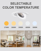 4inch Gimbal LED Recessed Light Recessed LED 4 inch White Swivel Gimbal Canless Light 360° Rotation 90° Tilt 4" 9W Eyeball Lighting Dimmable Adjustable Can Spotlights 5CCT White 4 inch 6 Pack