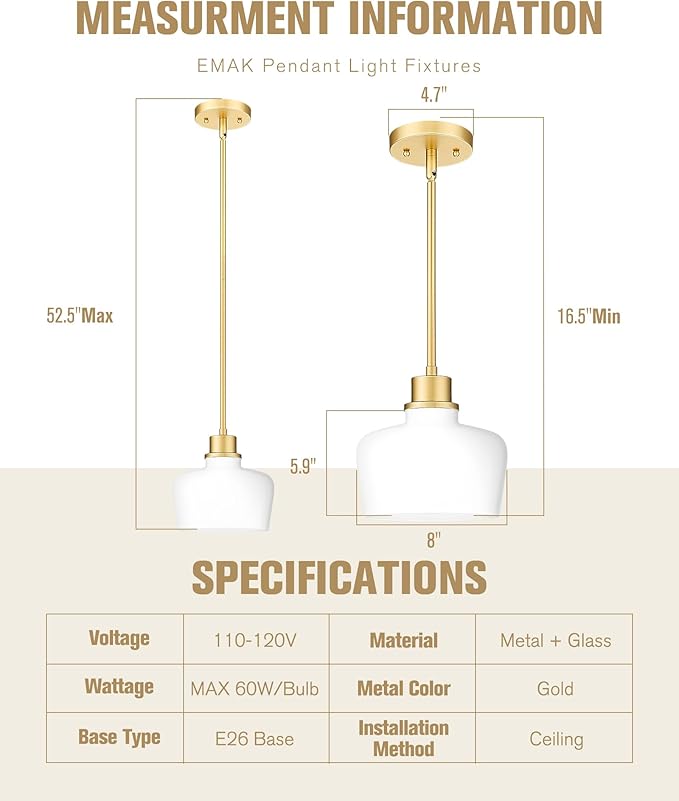 Emak 8 Inch Gold Pendant Lights Kitchen Island, 2 Pack Pendant Light Fixtures with Milk Glass Shade, Modern Hanging Lights for Kitchen Island, Bathroom, Dining Room, PL122-GD-ML-2PK