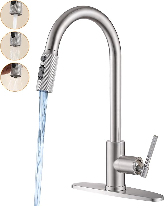 Brushed Nickel Kitchen Faucet with Pull Down Sprayer- 1.8GPM High Arc Single Handle Stainless Steel Rv Sink Faucet for Farm Laundry, Fit for 1/3 Hole with 10" Deck Plate