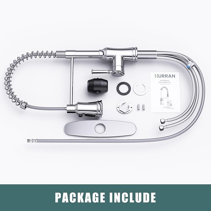 Kitchen Faucet with Pull Down Sprayer, Hurran Commercial Stainless Steel Kithcen Faucets, Single Handle Spring Faucets for Kitchen Sink, Sink Faucet for Farmhouse Wet Bar or RV, Chrome