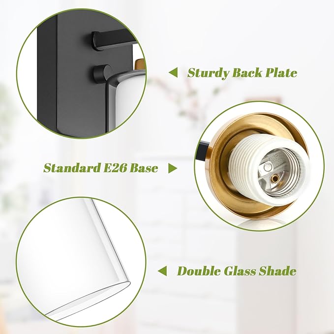 Set of 2 Wall Sconces for Bathroom, Modern Vanity Light Fixtures, Black & Gold Wall Mount Lighting Lanterns, Farmhouse Wall Lights with Double Clear Glass Shade for Bedroom Living Room Mirror Hallway