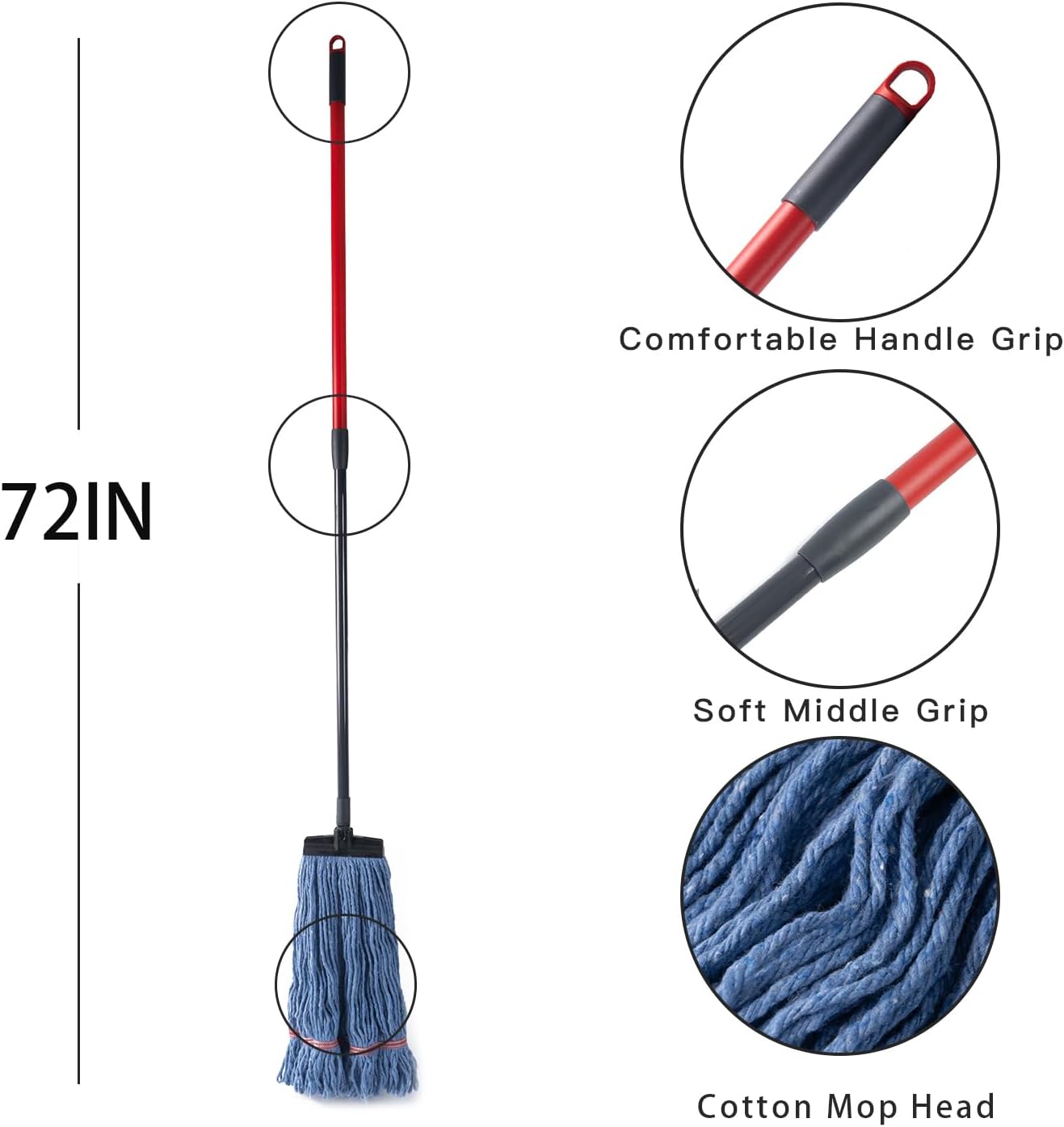 Matthew Commercial&Residential Mop Heavy Duty Industrial Mops with Screw-on Handle(Fit Standard American Screw) Looped-End String Wet Cotton Mops for Home,Office,School - 4 Set&4 Mop Replacements
