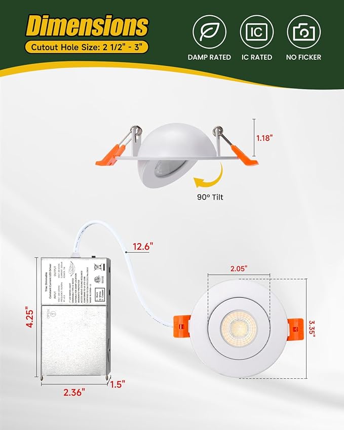 ZYC Gimbal LED Recessed Lighting - 3 Inch 5CCT 7W 360° Rotation Adjustable Eyeball Light,LED Swivel Spotlight,Directional Sloped Ceiling Light,Dimmable Canless Wafer Downlight Pack of 6 White.