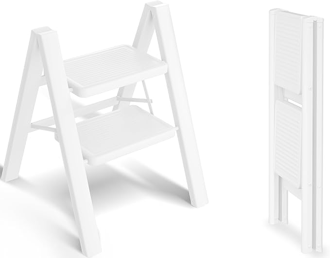 Step Stool, 2 Step Ladder with Anti-Slip and Wide Pedal, Portable Iron Foldable Stepladder for Home and Kitchen, 300lbs - White