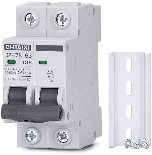 AC Miniature Circuit Breaker, 16 Amp 120V/240V 2 Pole DIN Rail Mount Circuit Breaker, Thermal Magnetic Trip, Solar AC Disconnect Switch MCB C16