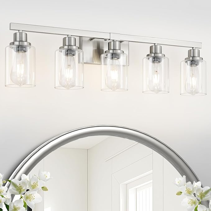 Bathroom Vanity Light, 5-Light Nickel Modern Matte Wall Sconce Lighting with Clear Glass Shade, Wall Lights,Bath Vintage Wall Mounted Lamps for Mirror Bedroom Living Room