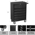 7-Drawer Rolling Tool Chest w/Drawers & Lock, Tool Storage Cabinet with Lockable Wheels, Top Cushion & Drawer Liners, Tool Organizer Box for Garage, Warehouse & Repair Sho