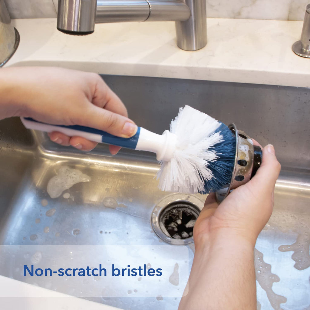 Unger Sink and Dish Scrub Brush, Kitchen Washing Scrubber for Hard-to-Reach Corners, Small Cleaning Supplies, Non-Scratch Bristles, Glassware, Pots, Pans, Tumblers, Drains, and Disposals