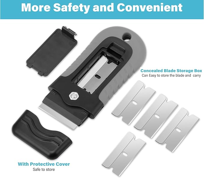 Gomake Razor Blade Scraper Tool with Blade Storage Container, Glass Cooktop Stove Scraper with 10PCS Stainless Steel Blades for Glass Clean,Paint,Old Label,Decal Sticker,Adhesive Remover-Grey