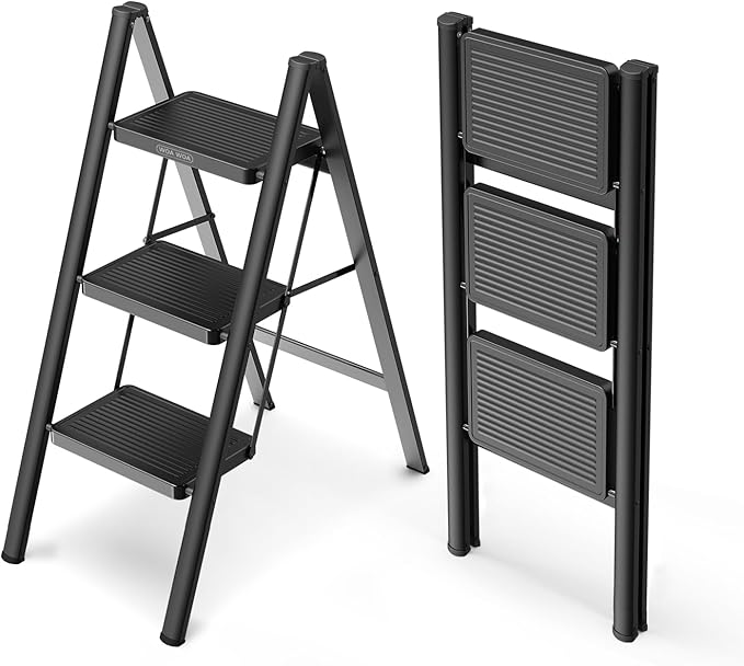 WOA WOA 3 Step Ladder, Folding Step Stool with Non-Slip Pedals, Portable Stepping Stool for Adults, Sturdy Steel Ladder, Space Saving for Home, Anti Skid Feet, Support 330lbs - Black