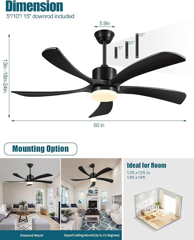 60 Inch Ceiling Fans with Lights Remote, Black Ceiling Fan Light Outdoor Indoor, USA Original Patent, ETL Listed, Timer, 5 Solid Wood Blades, 6 Speed Noiseless DC Motor Fans for Patios, 60in Black