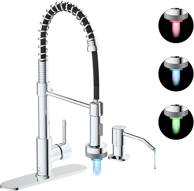 Kitchen Faucet with LED Light, Chrome Faucet with Soap Dispenser, Faucet for Kitchen Sink, Single Handle Stainless Steel Kitchen Sink Faucets with Pull Down Sprayer, Camper Farmhouse RV