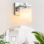 1 Light Modern Bathroom Light Fixtures Over Mirror, Chrome Vanity Lights for Bathroom Wall Sconces with Milky White Glass Shades, E26 Socket (Bulbs Not Included)