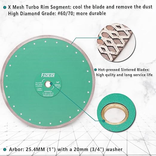 Diamond Porcelain Saw Blade,2pcs 14"/350MM Super Thin Dry Wet Cutting Disc with X Teeth Turbo Mesh Rim,for Ceramic Tile Porcelain Granite Marbles