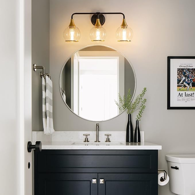 Black and Gold Bathroom Vanity Light 3-Lights Bathroom Light Fixtures Over Mirror with Clear Glass Shade 22.4 inch Wall Sconce Lighting Bath(Exclude E26 Bulb)