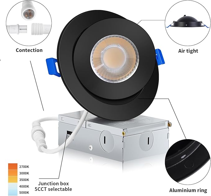 Black Gimbal Recessed Lighting 4 Inch 6 Pack, Ajustable Eyeball recessed Light with Junction Box,5 Color Selectable,Airtight,9W 750LM,Dimmable,Black