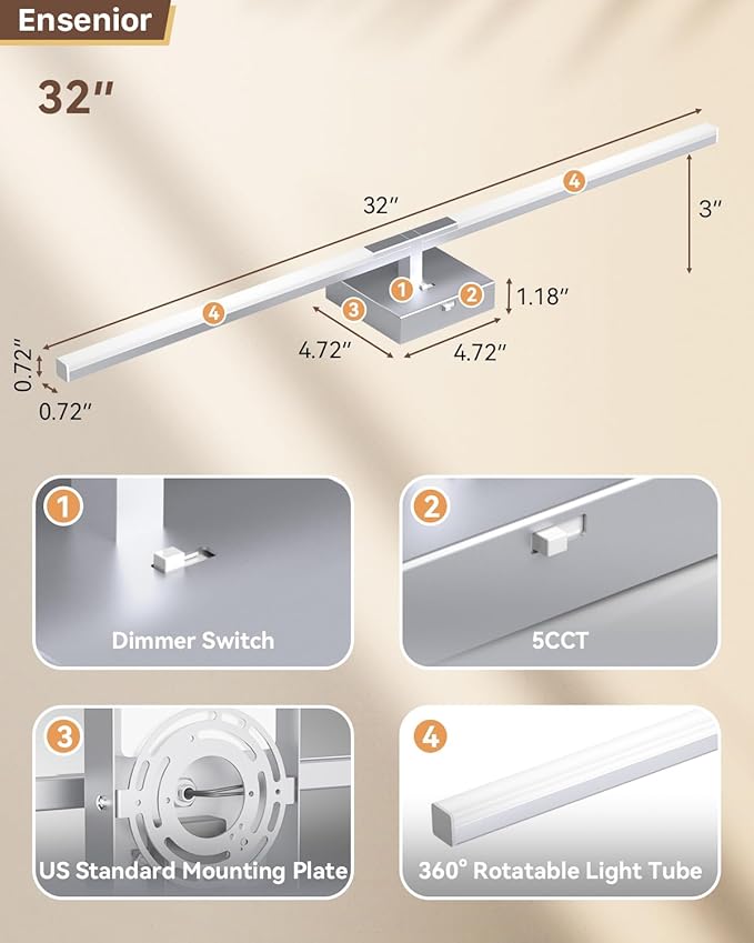 Ensenior Modern Bathroom Vanity Light 32 inch, Built-in Dimmer, 18.5W Dimmable 5CCT Led Bath Lights, Matte Grey Bar Vanity Light for Bathroom Mirror Cabinets Bedroom-FCC Certificated